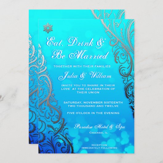 雪片の花開きと《写真》ぼけ味の冬の結婚招待状 招待状 (正面/裏面)