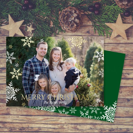 雪片の落下フルフォトグリーンクリスマス金ゴールド 箔シーズンカード