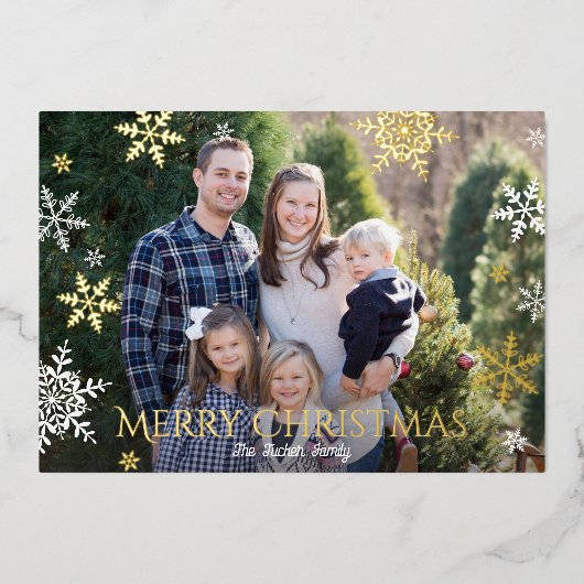 雪片の落下フルフォトグリーンクリスマス金ゴールド 箔シーズンカード (正面)