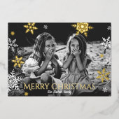 雪片の落下フルフォトブルークリスマス金ゴールド 箔シーズンカード (正面)