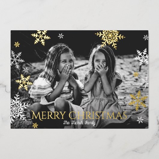 雪片の落下フルフォトブルークリスマス金ゴールド 箔シーズンカード (正面)