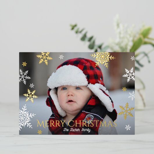 雪片の落下フルフォトレッドクリスマス金ゴールド 箔シーズンカード (立ち正面)