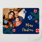 雪片の装飾を施したクリスマスツリーの枝 箔シーズンカード (正面)