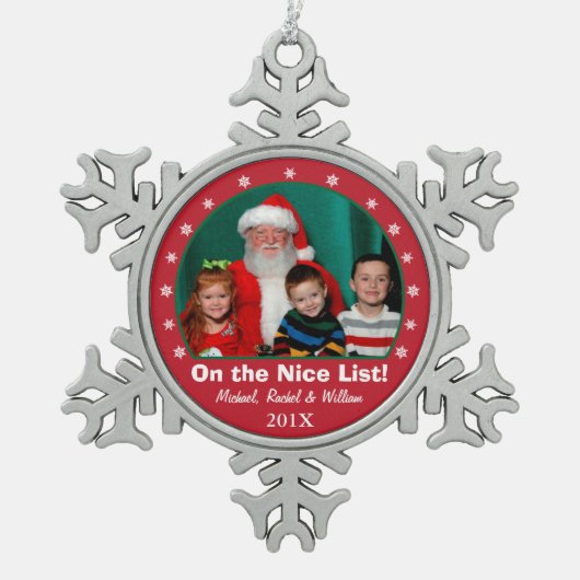 雪片の赤い写真のオーナメント スノーフレークピューターオーナメント (正面)