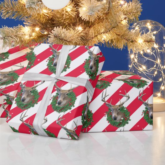 雪片の鹿とクリスマスリース ラッピングペーパー (クリスマス)