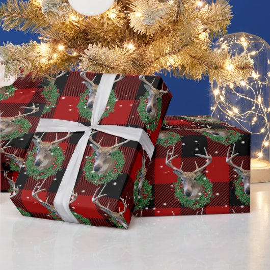 雪片の鹿とクリスマスリース ラッピングペーパー (クリスマス)