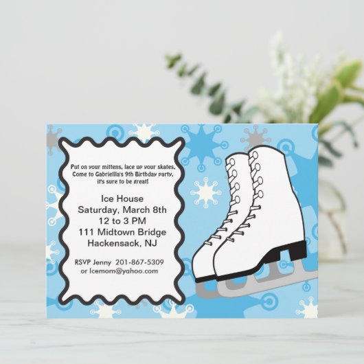 雪片はパーティの招待状誕生日のアイススケートします 招待状 (スタンド正面)
