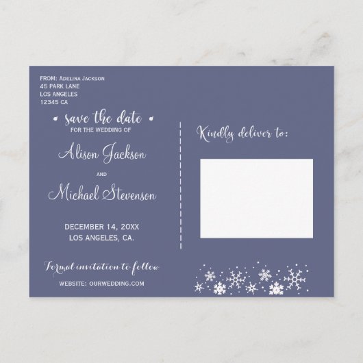 雪片ぶら下がった素朴結婚の日付 案内ポストカード (裏面)