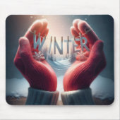 雪片を付けた冬赤の手袋 マウスパッド (正面)