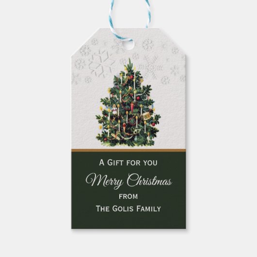 雪片を持つキャンドルライトヴィンテージクリスマスツリー ギフトタグ (正面)