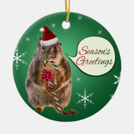 雪片を持つクリスマスのリス セラミックオーナメント (正面)