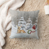 雪片を持つクリスマスの鹿と雪だるま クッション (ブランケット)