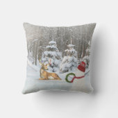 雪片を持つクリスマスの鹿と雪だるま クッション (裏面)