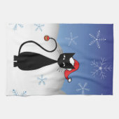 雪片を持つクリスマス猫 キッチンタオル (横)