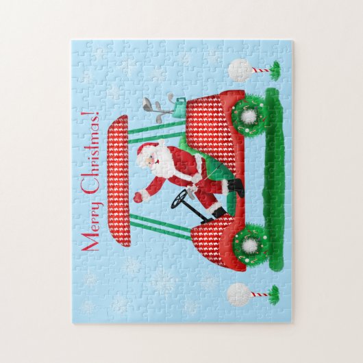 雪片を持つゴルフカートのクリスマスサンタイン ジグソーパズル (縦)