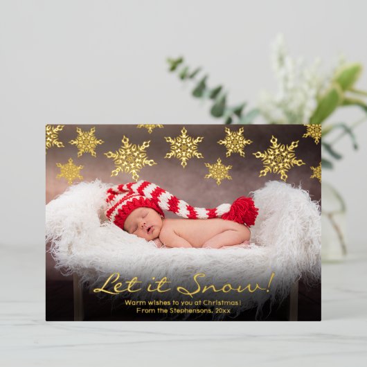 雪片を漂流し写真クリスマス 箔シーズンカード (立ち正面)