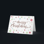 雪片ウィムシー、暖かい茶色のメリークリスマスタイプ シーズンカード<br><div class="desc">ヴィンテージを使った新しモダンいパレットを使ってお洒落、流行が味わいを楽しむ人々のために楽しむこのデザインを作り出ユニークした。「メリークリスマス」という言葉は描写、暖かい茶色の渦巻く書道フォントの中にある。言葉のまわりには、マッチする茶色、リンゴ緑、明るい赤、ロビンの卵の青の雪片である。このホリデーセットにはマッチングスタンプや他のコーディネート項目も用意されており、私は常にあなたのカスタマイズの要求について話し合うことに満足している。// 57 // Melody Watsonによる紙Muserie用の設計。</div>
