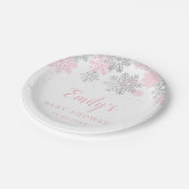 雪片ウィンターピンクとシルバーガールベビーシャワー ペーパープレート (アングル)