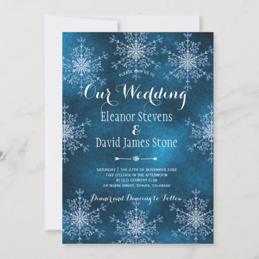 雪片エレガントネイビーブルー冬の素朴結婚性の 招待状 (正面)