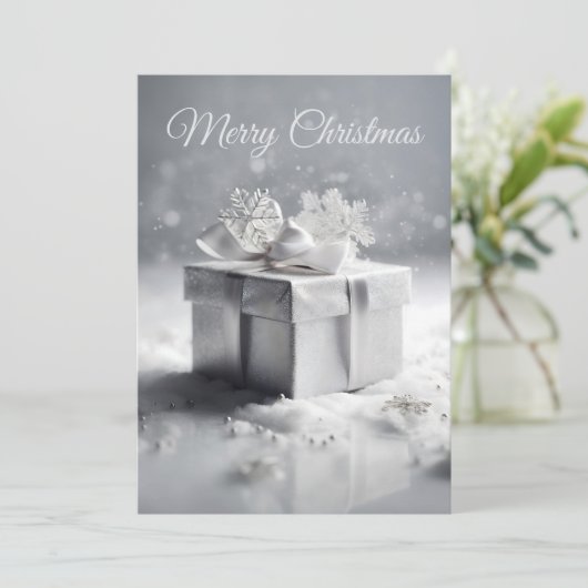 雪片エレガント付きシルバークリスマスギフトボックス シーズンカード (スタンド正面)