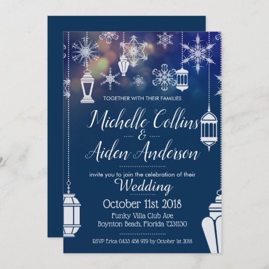 雪片エレガント提灯の冬の結婚式カスタマイズ 招待状 (正面/裏面)