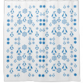 雪片エレガント模様の青ペンギン シャワーカーテン (正面)