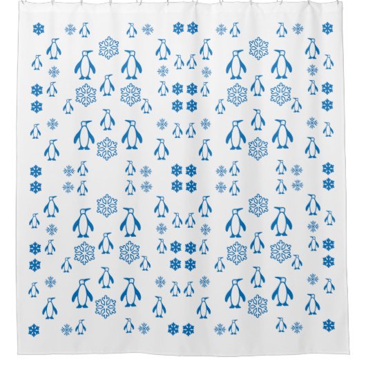 雪片エレガント模様の青ペンギン シャワーカーテン (正面)