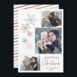 雪片カラフル3枚の写真クリスメリーマス シーズンカード<br><div class="desc">このシンプル3枚の写真クリスマスカードは、青、金ゴールド、ピンク、グレーのトレンディー色の雪片を提供している。グリーティング「メリークリスマス」は、曲線と手書きのスタイル文字の組み合わせで表示される。家族の写真、名前、年でパーソナライズ。</div>