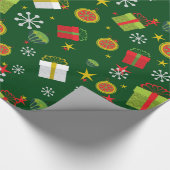 雪片ギフトボックスカップケーキ星グリーンクリスマス ラッピングペーパー (角)