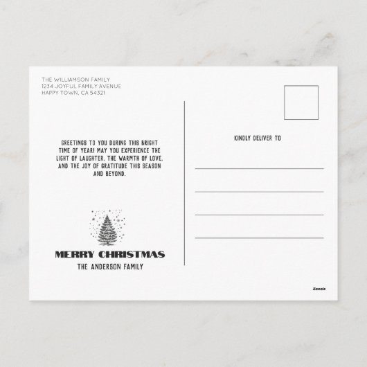 雪片クリスマスとヴィンテージクリスマスツリー シーズンポストカード (裏面)