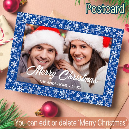 雪片クリスマスファミリーフォトスクリプトブルー シーズンポストカード