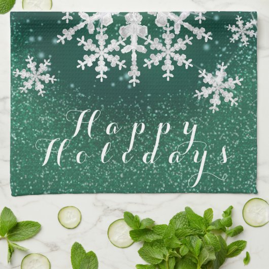 雪片グリーンホワイト キッチンタオル (折り畳み)