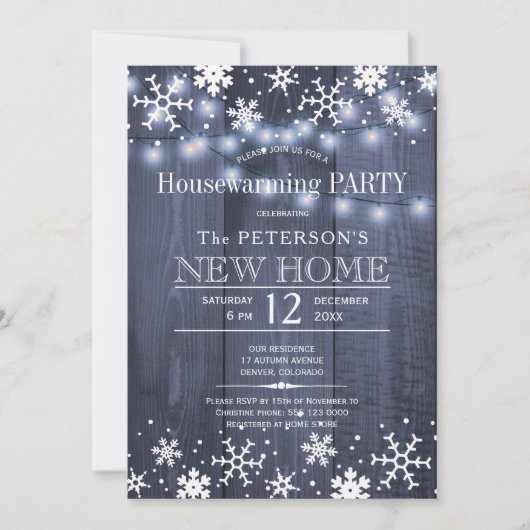 雪片ストリングライト冬の引っ越し祝いパーティーパーティー 招待状 (正面)