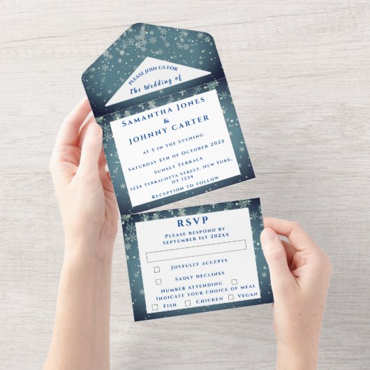 雪片スノーブルーウィンターワンダーランド結婚ズ オールインワン招待状 (貼ってはがせる)