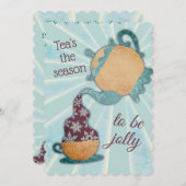 雪片ティーポット手で紅茶を混ぜたクリスマス シーズンカード (正面/裏面)