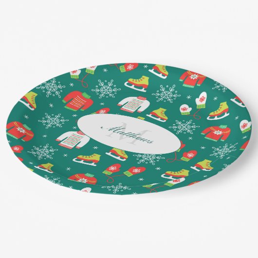 雪片ティール(緑がかった色)モノグラムパターンクリスマスパーティー ペーパープレート (アングル)