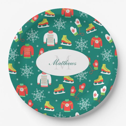 雪片ティール(緑がかった色)モノグラムパターンクリスマスパーティー ペーパープレート (正面)