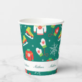 雪片ティール（緑がかった色）モノグラムパターンファミリークリスマス 紙コップ (裏面)