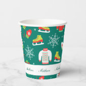 雪片ティール（緑がかった色）モノグラムパターンファミリークリスマス 紙コップ (正面)