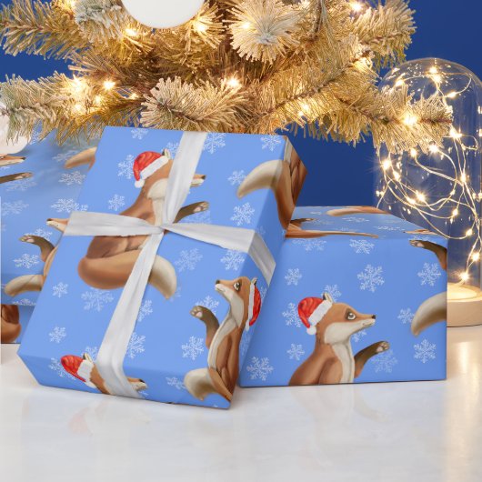 雪片パターンのクリスマスかわいい赤キツネ ラッピングペーパー (クリスマス)