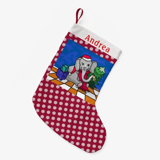 雪片パターンパーソナライズなクリスマス象 スモールクリスマスストッキング (正面 (吊り時))
