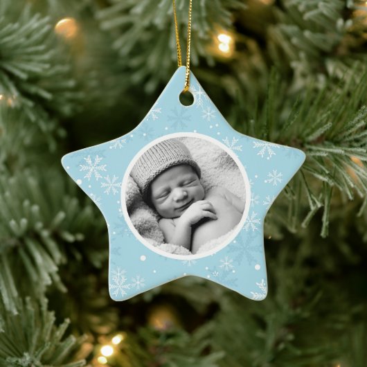 雪片パターンフォトクリスマス セラミックオーナメント (ツリー)