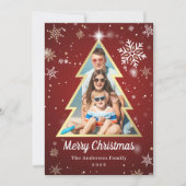 雪片パーソナライズされた金ゴールドクリスマスツリー写真 シーズンカード (正面)