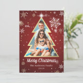 雪片パーソナライズされた金ゴールドクリスマスツリー写真 シーズンカード (スタンド正面)