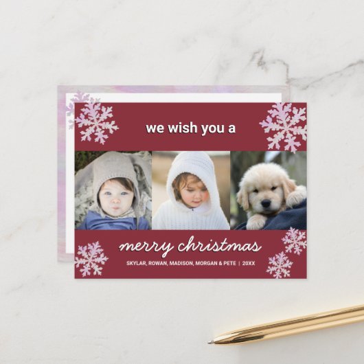 雪片ピンクオパール3フォトメリークリスマス ポストカード (正面/裏面インサイチュ)