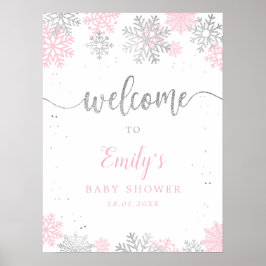 雪片ピンクシルバーガールベビーシャワーへようこそ ポスター