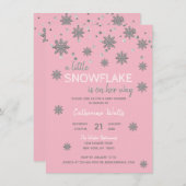 雪片ピンクシルバーグレーベビーシャワー | ガール 招待状 (正面/裏面)