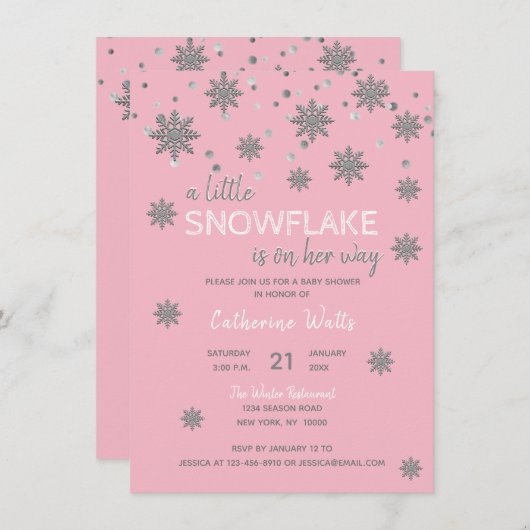 雪片ピンクシルバーグレーベビーシャワー | ガール 招待状 (正面/裏面)