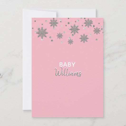 雪片ピンクシルバーグレーベビーシャワー | ガール 招待状 (裏面)