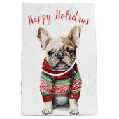 雪片フランスののクリスマスブルドッグ ミディアムペーパーバッグ (正面)